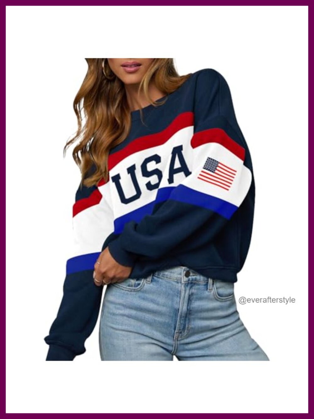 Women USA Sweatshirt Long Sleeve Crewneck American Flag Knit Pullover